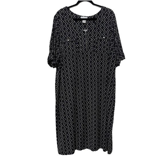 Catherines 2X Black White Geometric Short Sleeve Midi Dress Zip Front 22/24 - Picture 1 of 10